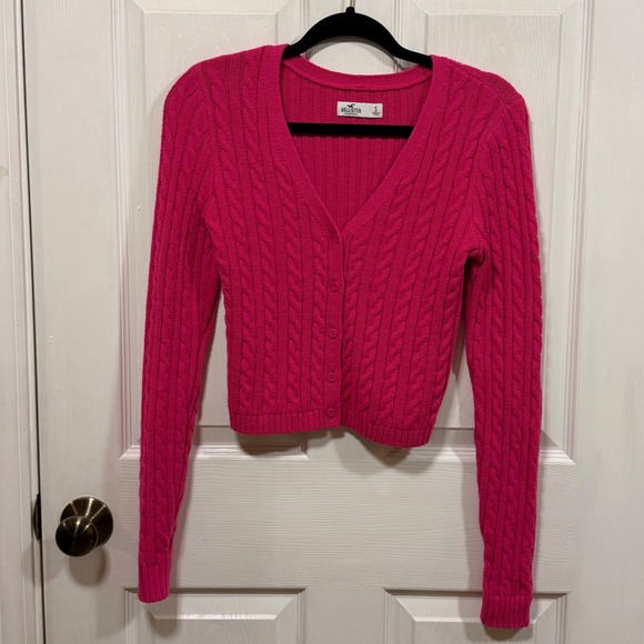 Hollister Hot Pink Cable Knit Cropped V-Neck Cardigan Sweater Womens Small - Picture 14 of 14